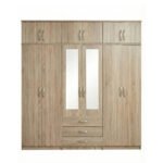 Natural Oak 6-Door Mirror Wardrobe with Top Storage & Drawers
