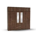 Walnut Brown 6-Door Mirror Wardrobe with Top Storage & Drawers