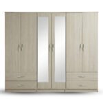 Light Oak 5-Door Mirror Wardrobe with Bottom Drawers