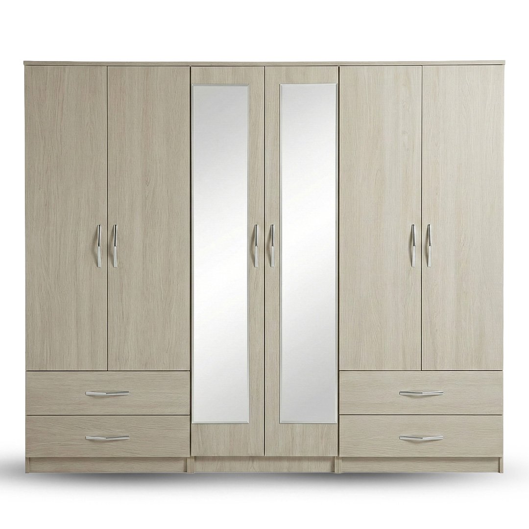 1 Light Oak 5-Door Mirror Wardrobe with Bottom Drawers - Image 1