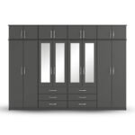 Charcoal Grey 8-Door Mirror Wardrobe with Top Storage & Drawers