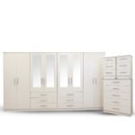 Pearl White Complete Mirror Wardrobe Set with Drawer Chest