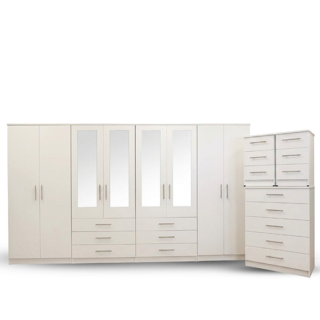1 Pearl White Complete Mirror Wardrobe Set with Drawer Chest - Image 1