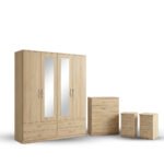 Light Oak Mirror Wardrobe Set with Drawer Units