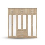 Natural Oak 8-Door Mirror Wardrobe with Top Storage & Drawers