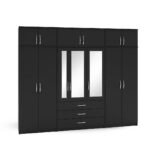 Midnight Black 8-Door Mirror Wardrobe with Top Storage & Drawers