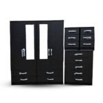 Midnight Black Mirror Wardrobe with Matching Drawer Chest