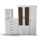 Pure White Mirror Wardrobe with Multi-Drawer Storage Unit