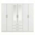 Ivory White 6-Door Mirror Wardrobe with Central Drawers