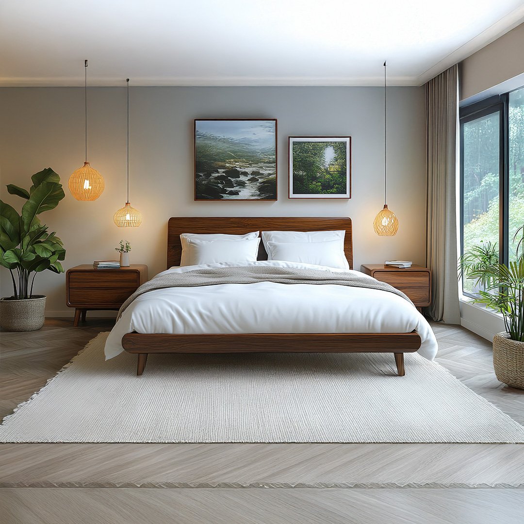 12 Modern Walnut Wooden Bed with Minimalist Design - Image 1