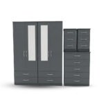Charcoal Grey Mirror-Finish Multi-Door Wardrobe with Drawer Chest