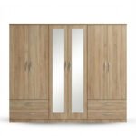 Natural Oak 5-Door Mirror Wardrobe with Bottom Drawers