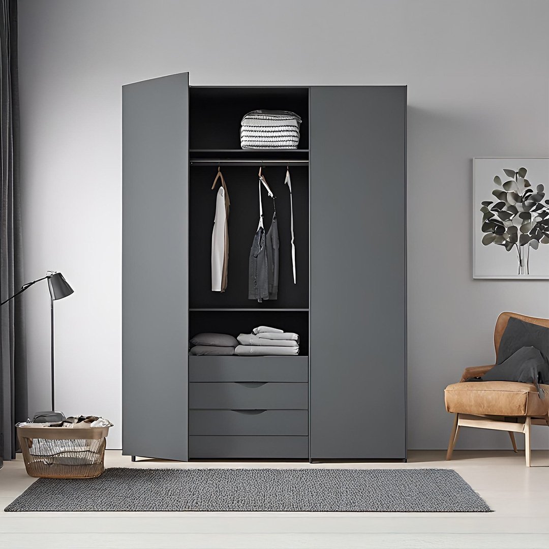 4 Matte Grey Compact Wardrobe with Drawers - Image 1