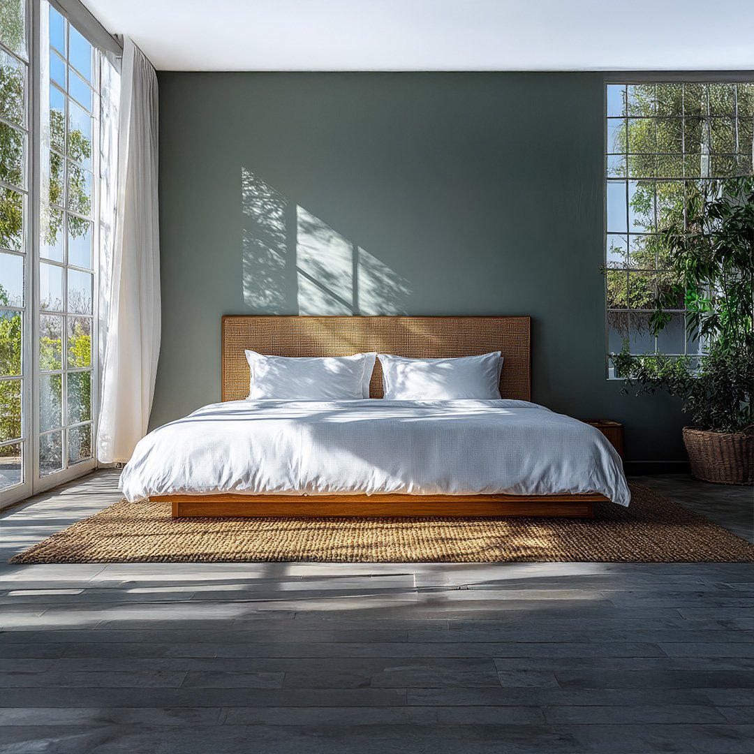 7 Natural Wood Low Bed with Cane Headboard - Image 1