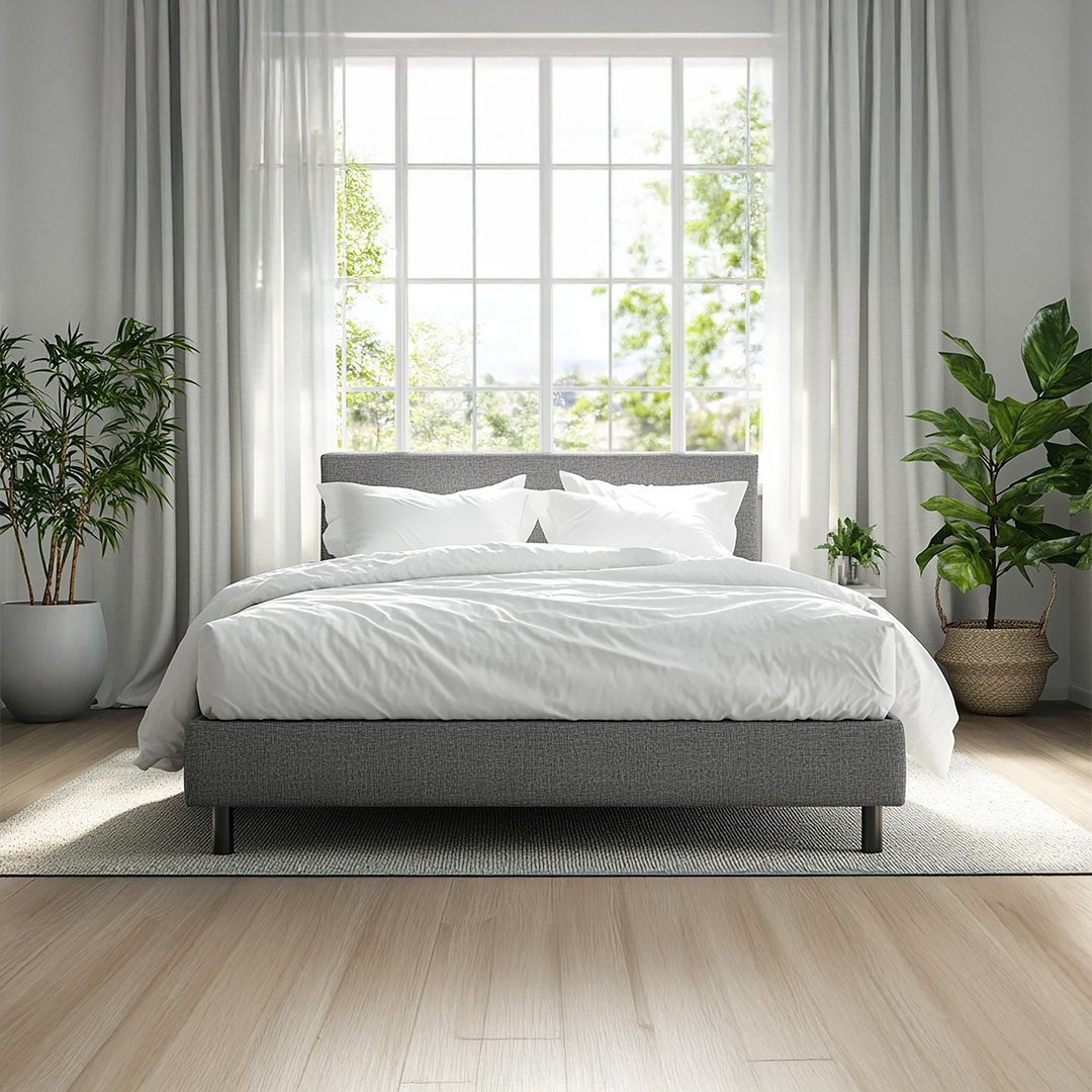 8 Grey Upholstered Bed with Minimal Frame - Image 1