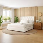 White Upholstered Bed with Wooden Panel Accent